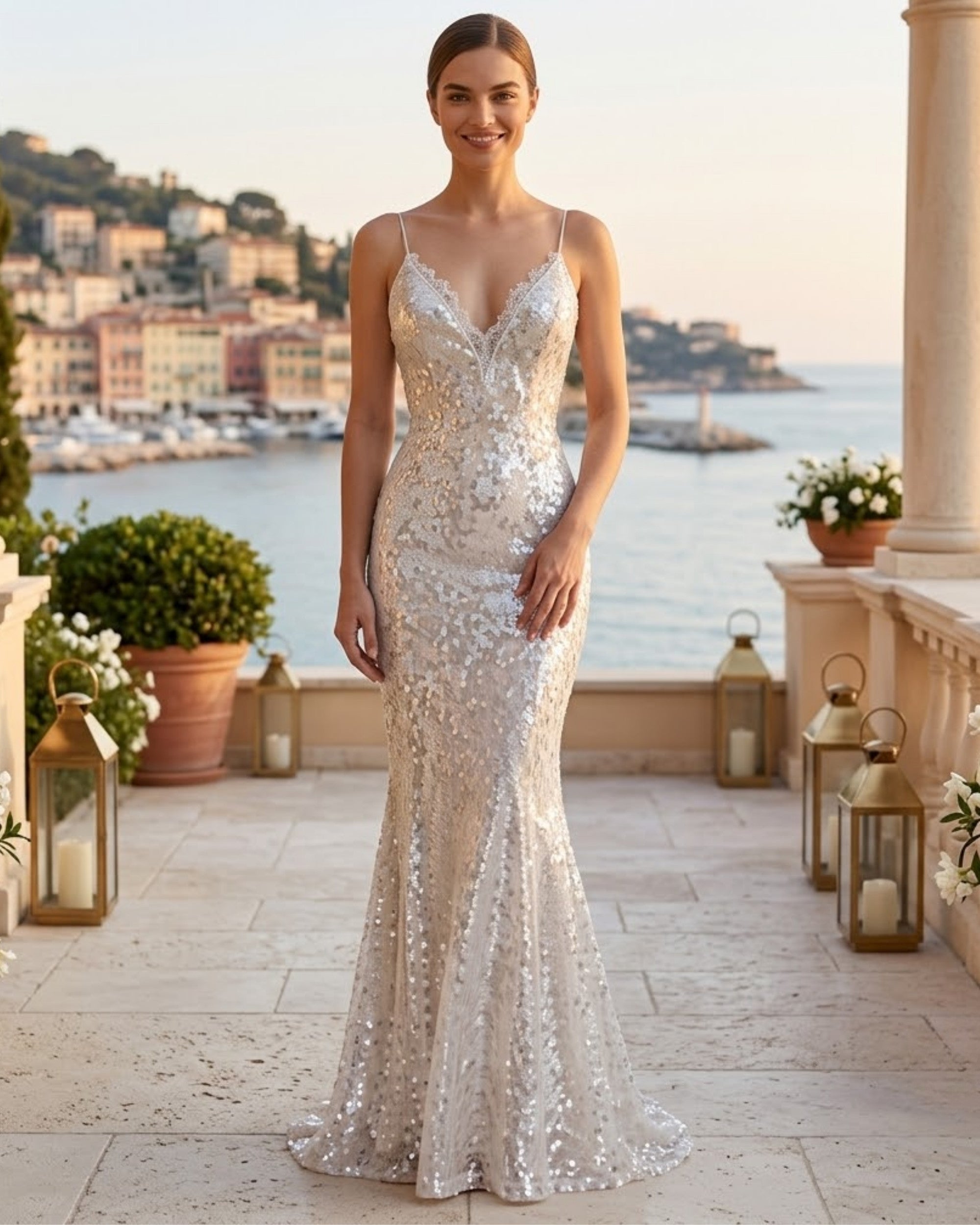 A woman stands on a sunlit terrace wearing a fitted sleeveless mermaid gown covered in shimmering sequins. The background shows a coastal harbor, buildings, and warm evening light.
