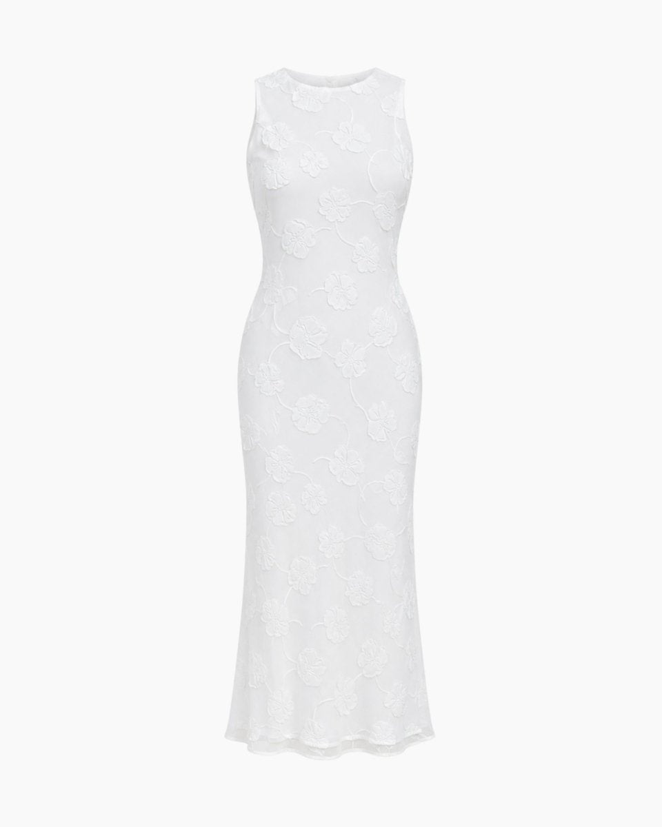 Flat lay back view of white sleeveless trumpet silhouette evening dress