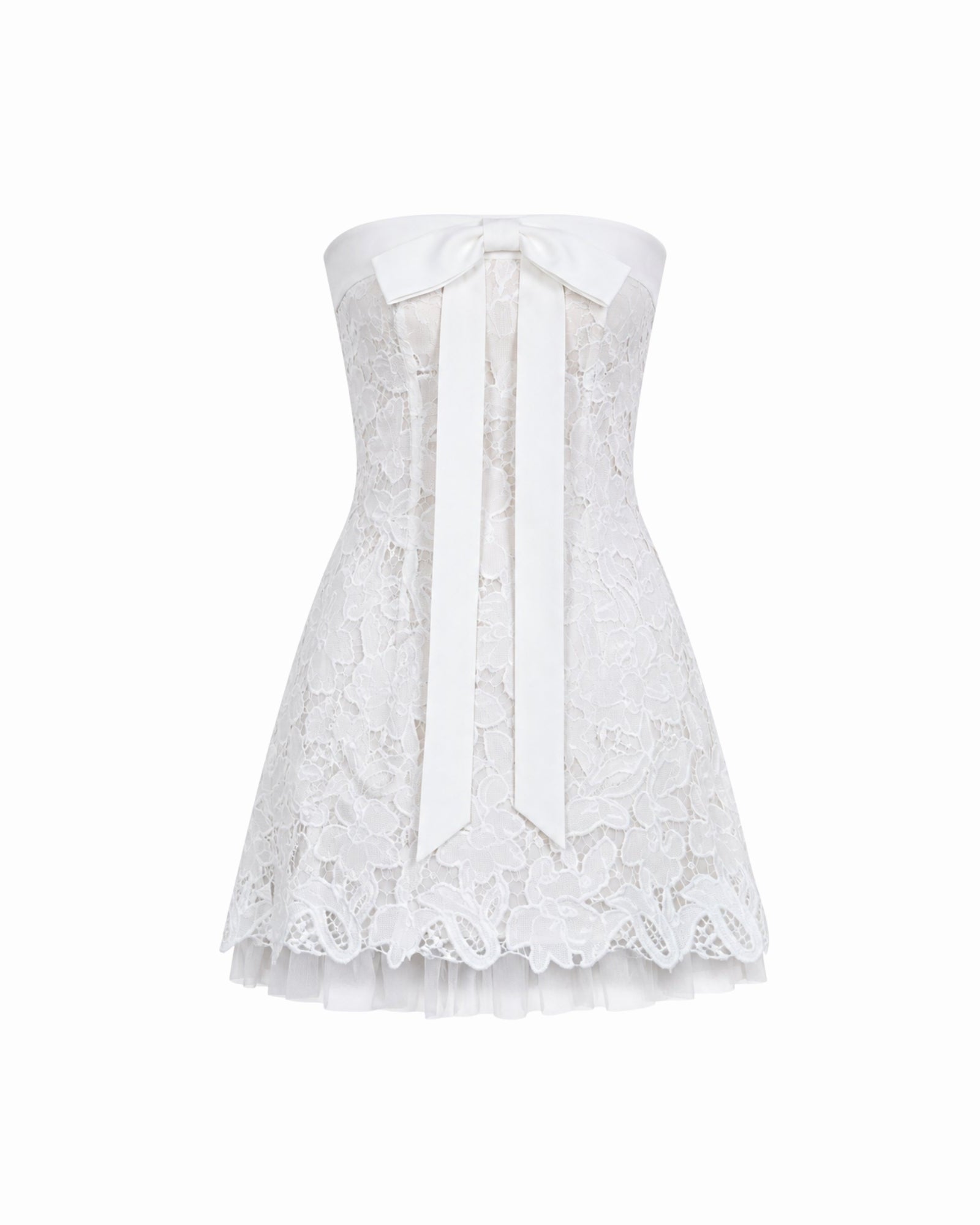 Ghost mannequin front view of luxury white strapless floral lace mini dress with cascading ribbon bow detail by Fenlo Form.