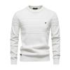 Flat-lay image of the white Ander Structured Knit Sweater, displaying the asymmetrical textured linear pattern on the chest.