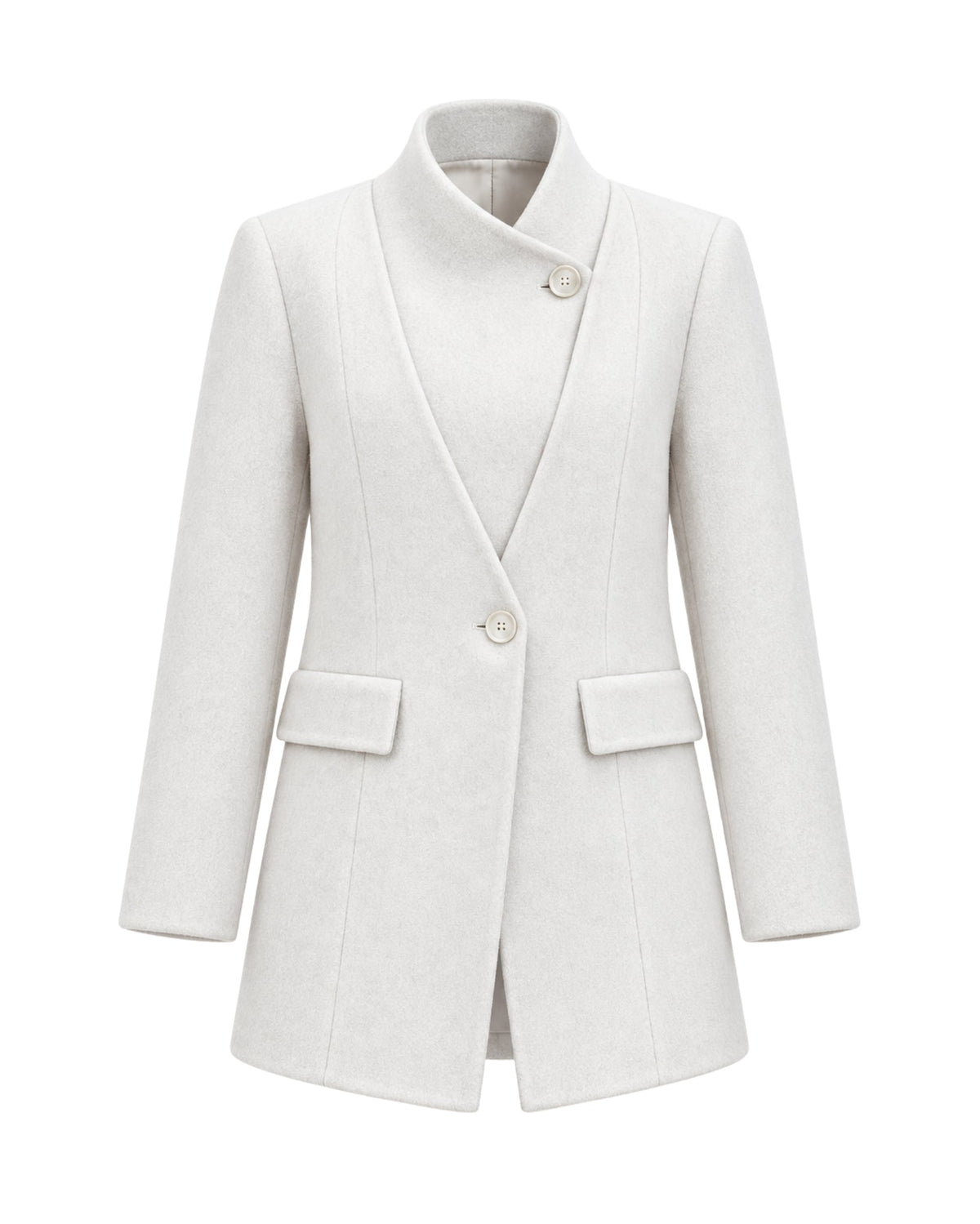 A light off-white or cream-colored women's coat with a unique wrap-style collar, single button closure, and flap pockets, shown against a plain white background.
