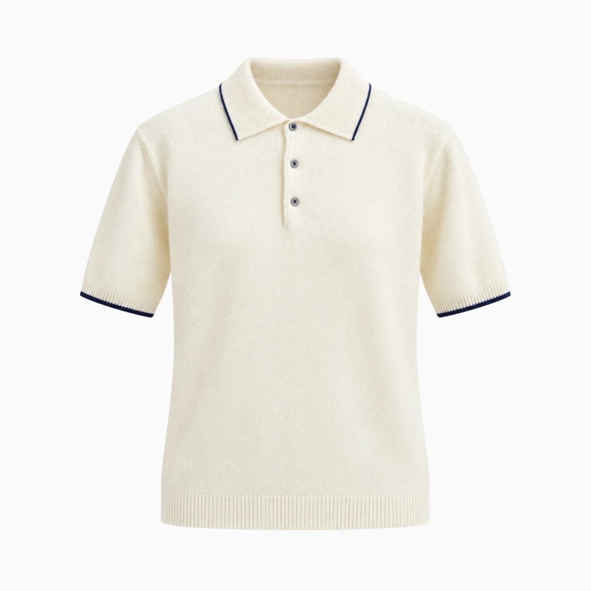 An off-white short-sleeve knit polo shirt with navy blue contrast trim on the collar and sleeve cuffs, featuring a three-button placket, shown against a plain white background.
