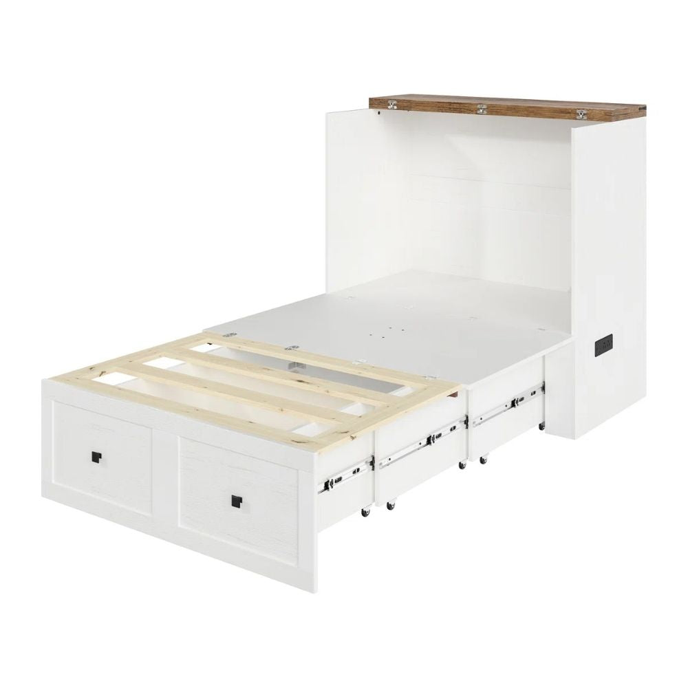 A white storage bed frame with a pull-out wooden slat base and a matching white headboard, shown on a plain white background.