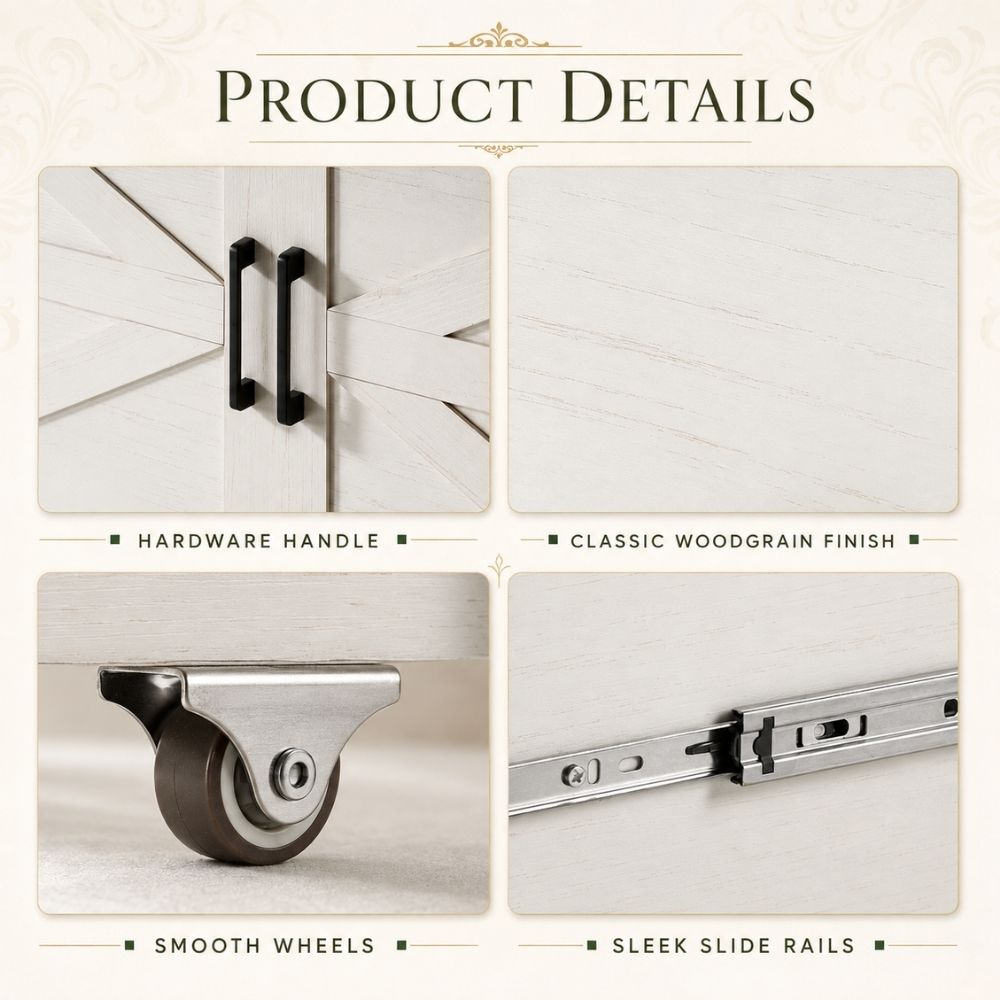 Product details collage showing a white sliding cabinet door with black hardware handle, classic woodgrain finish, smooth caster wheels, and sleek slide rails.