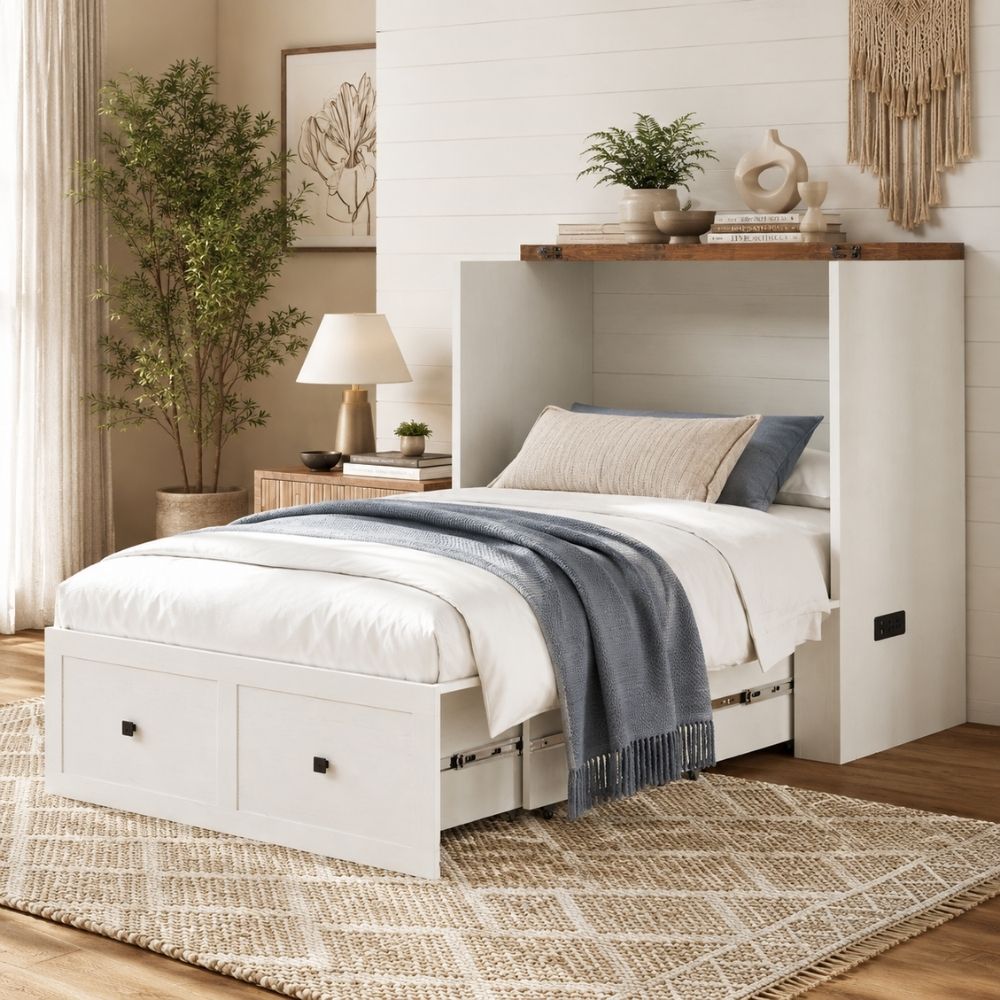 Open twin white Murphy cabinet bed featuring a storage drawer and farmhouse design in a modern guest room.