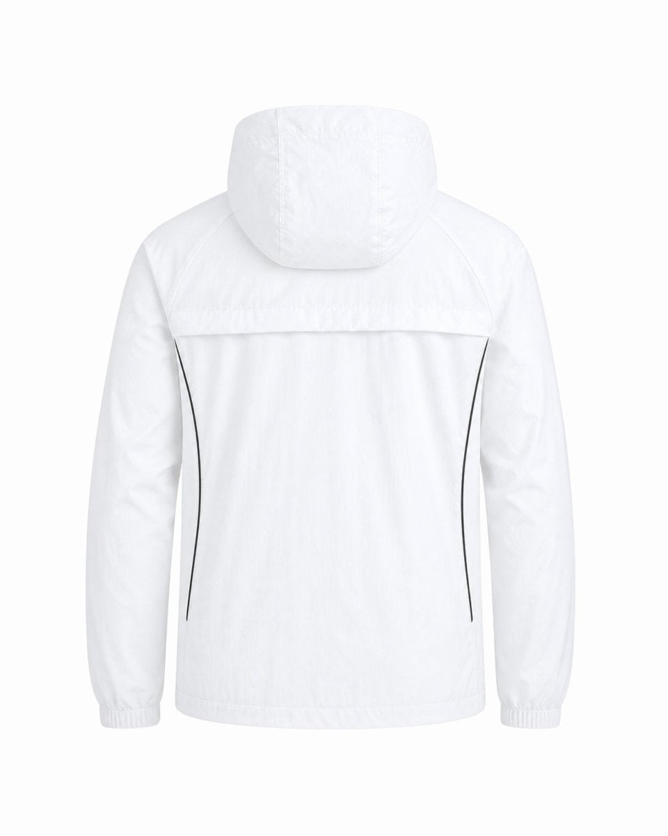 Flat lay back view of white nylon hooded jacket