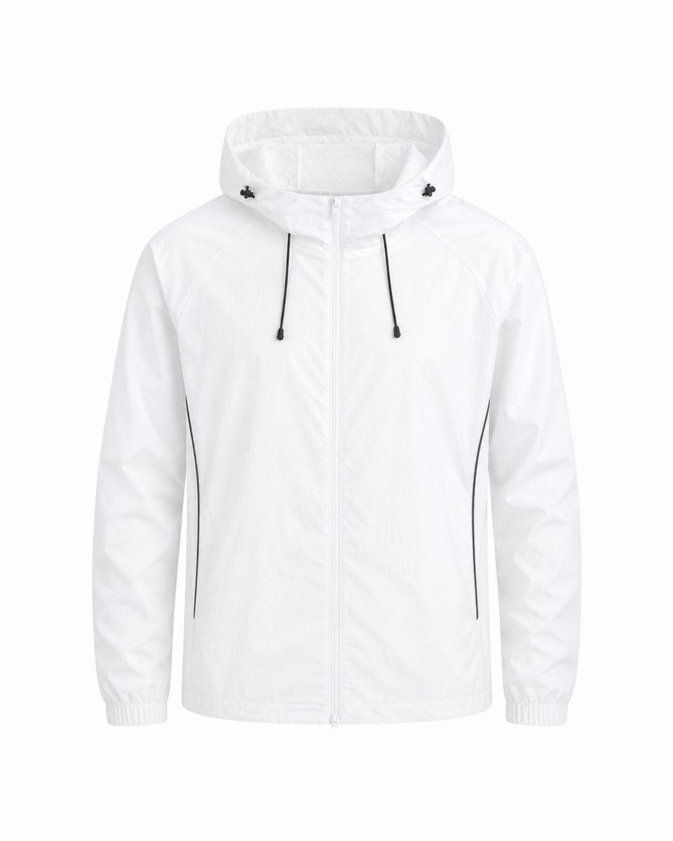 Flat lay of unisex white hooded zip up windbreaker jacket