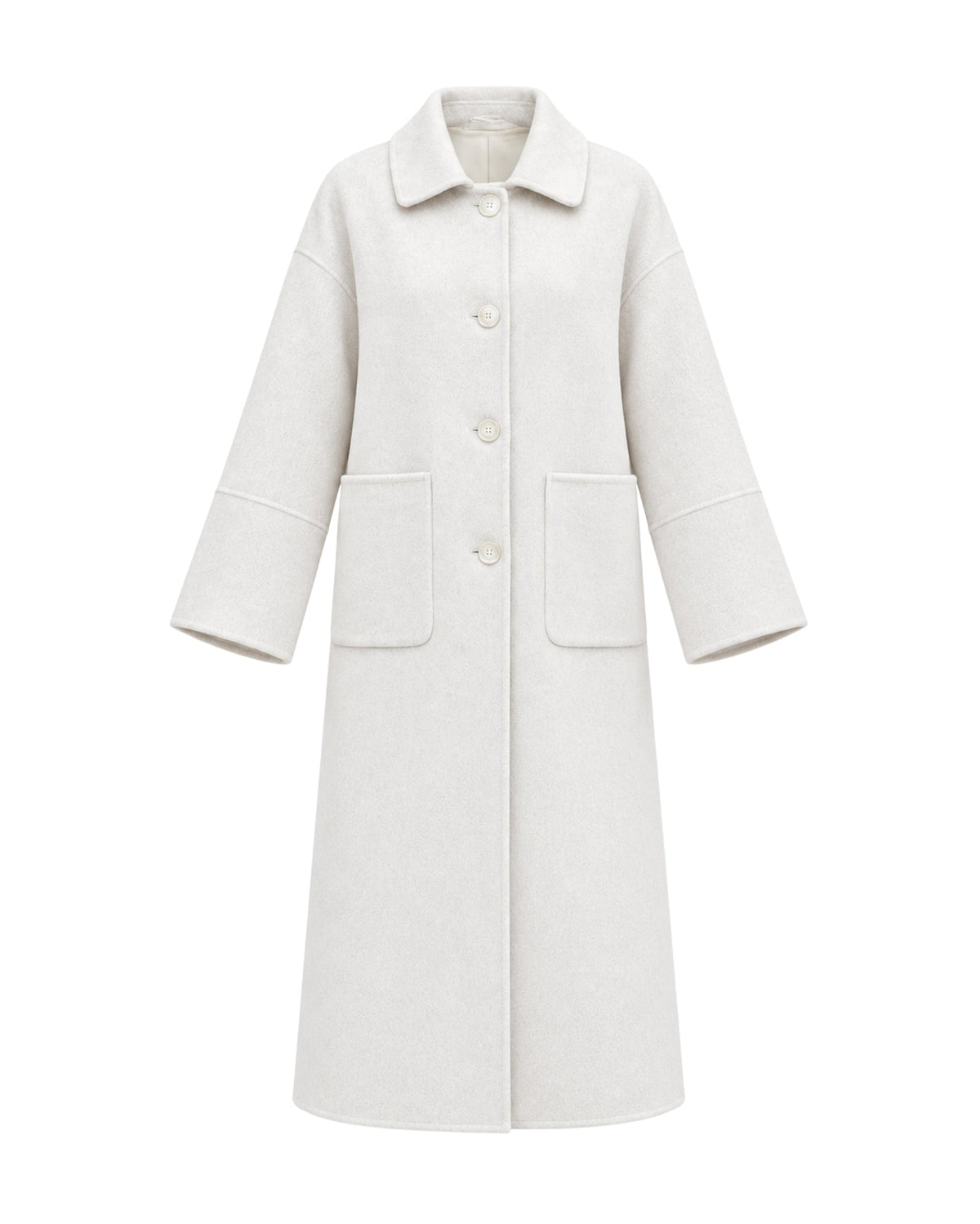 A long-sleeve, knee-length white coat with a pointed collar, three front buttons, and two large front patch pockets, shown on a plain white background.