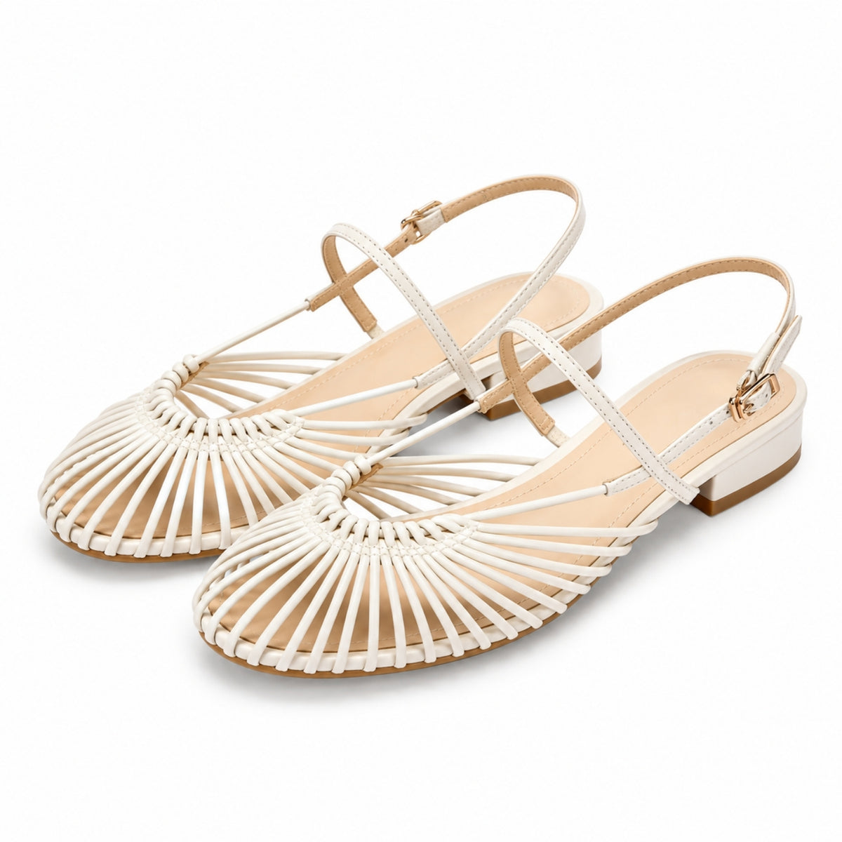 Close up of women's white woven caged slingback sandals with a low block heel on a white background.