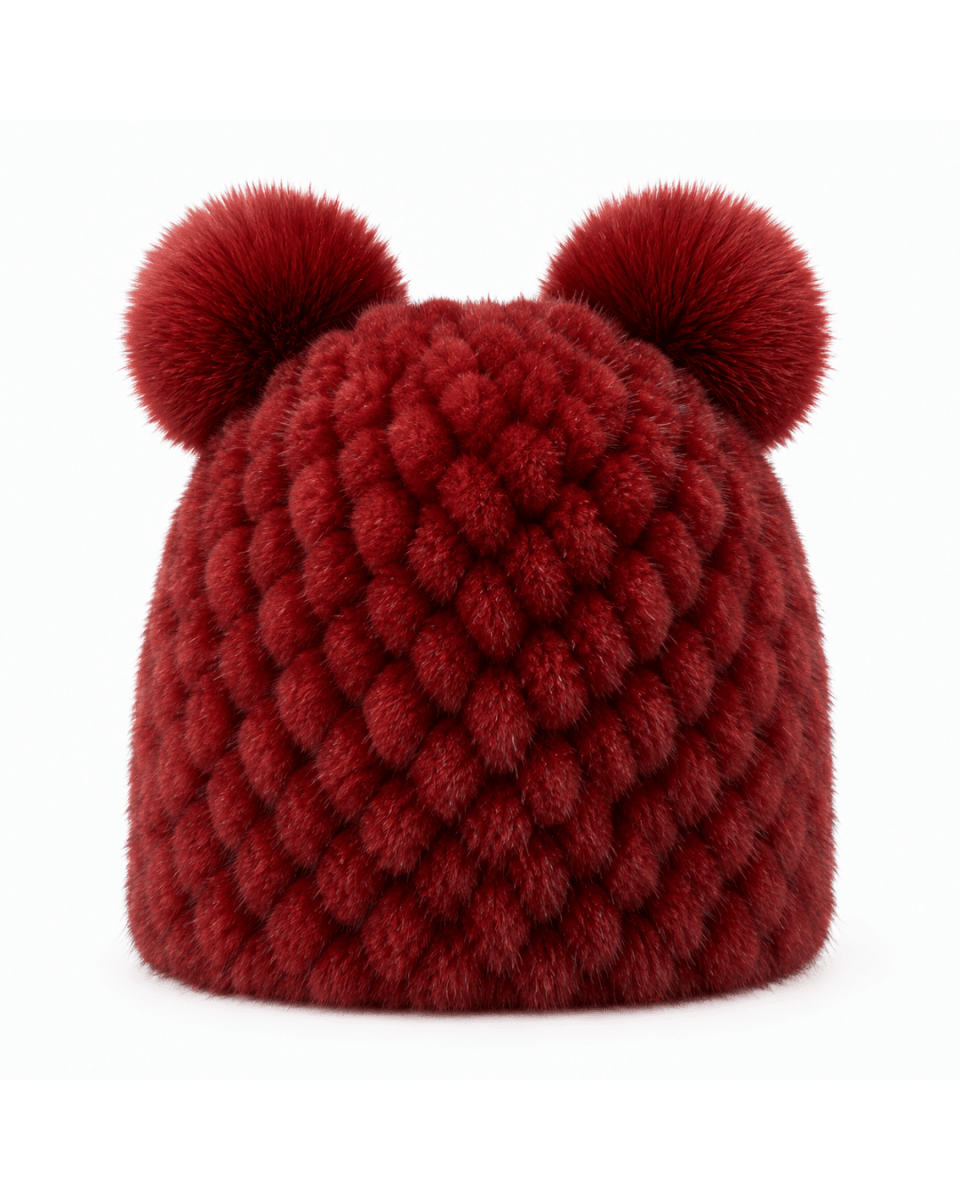 A deep red textured knit beanie hat featuring two matching red pom-poms on top, shown against a plain white background.