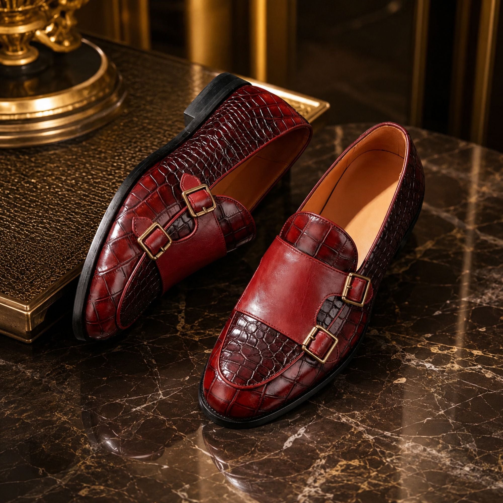 A pair of men's loafers in deep burgundy red, featuring crocodile-embossed panels and double buckle straps, displayed on a dark marble surface next to a vintage book.