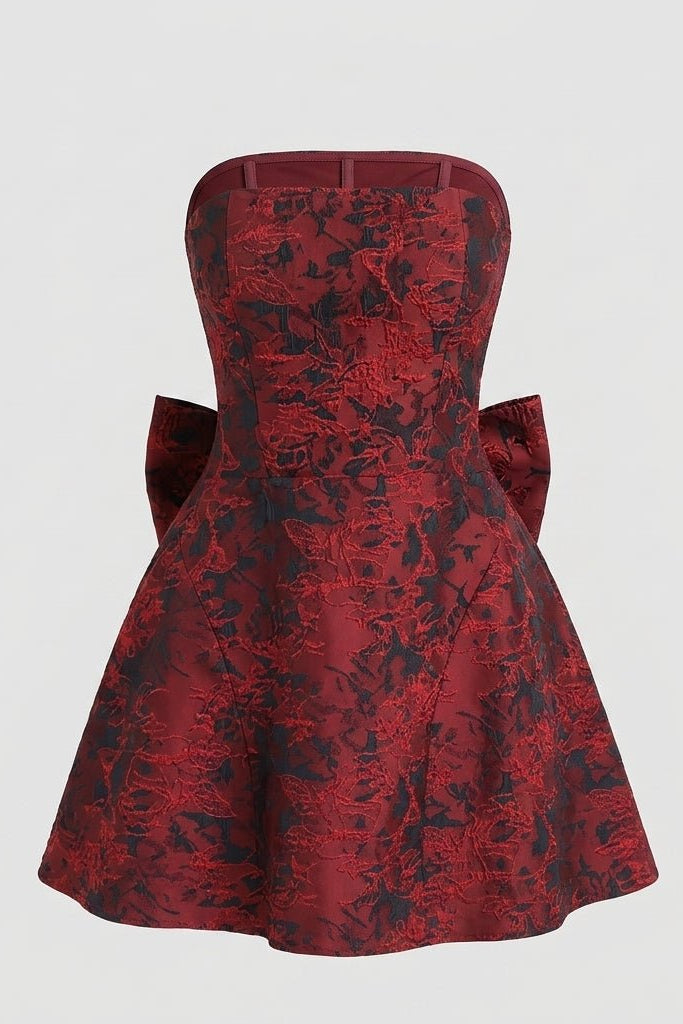 Front view of the wine red floral jacquard strapless mini dress on a ghost mannequin highlighting the A-line skirt structure.