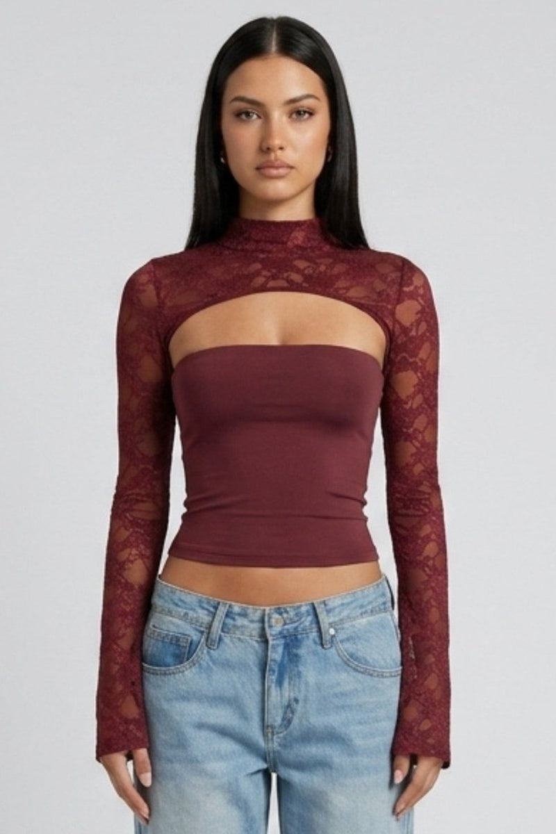 Front view of woman wearing Kouvr wine red lace cut-out long sleeve mock neck top