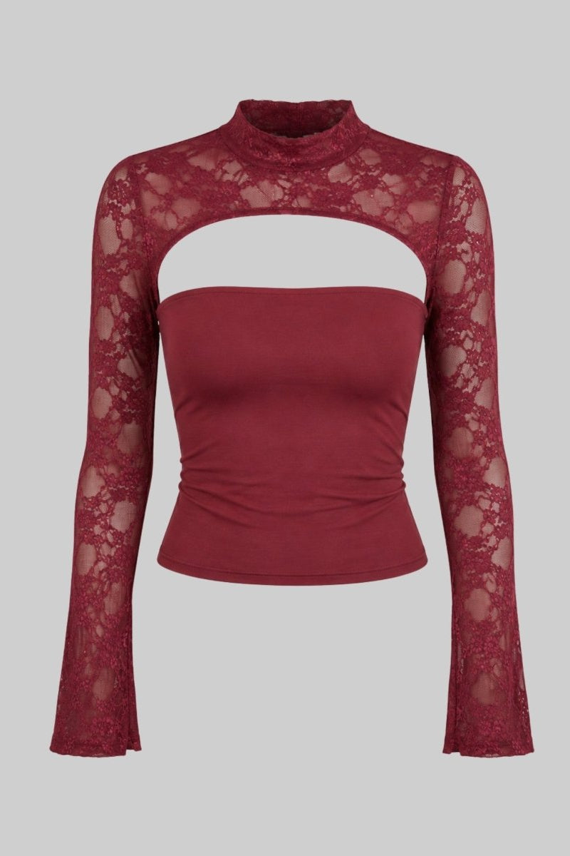 Studio product shot front view of Kouvr wine red sheer lace long sleeve top with chest cut-out