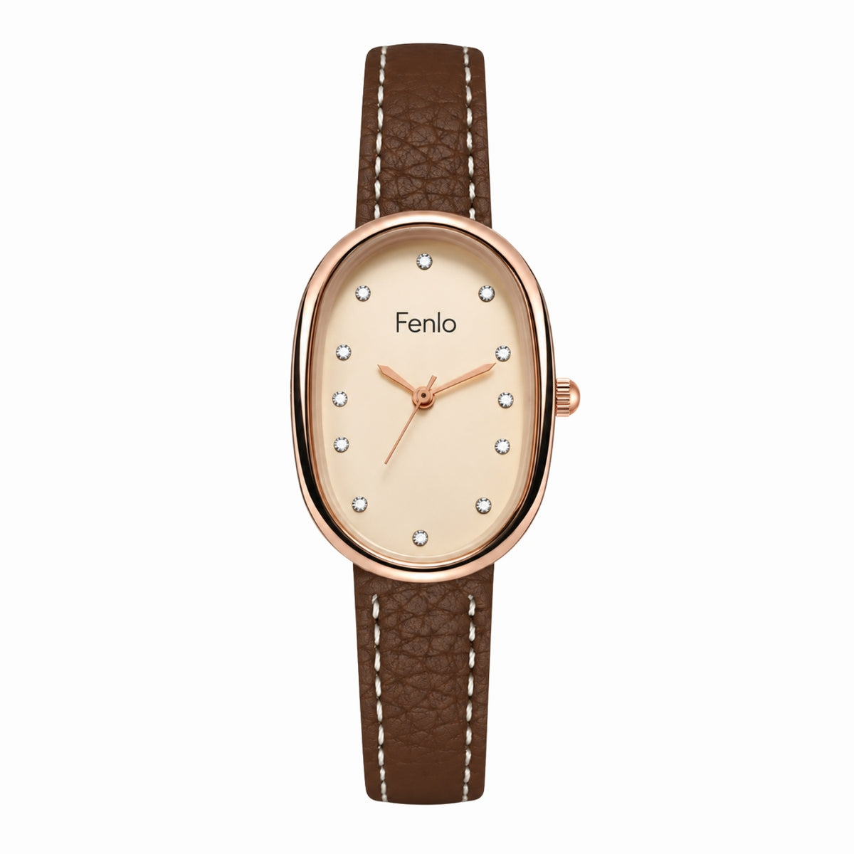 Fenlo women's watch featuring an oval rose gold case, a cream-colored dial with crystal hour markers, and a textured brown leather strap with white contrast stitching.