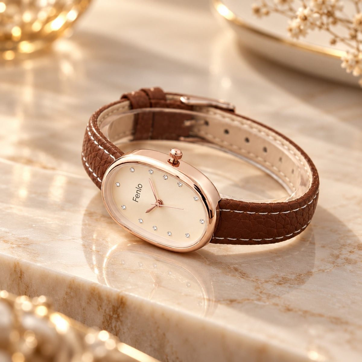 A women's oval wristwatch with a brown textured leather strap, rose gold case, and white dial with rhinestone hour markers. The watch is displayed on a polished cream marble surface with warm, golden bokeh background elements.