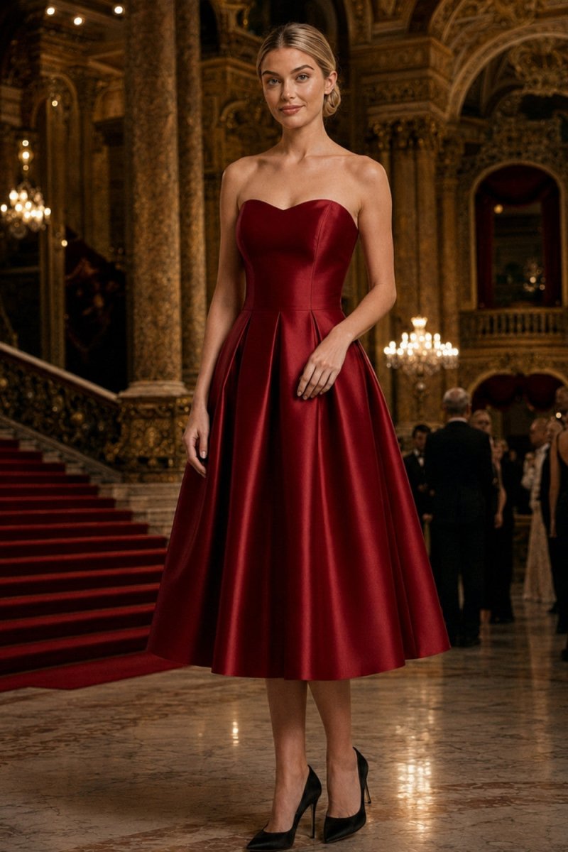 A woman wearing a strapless deep red satin midi dress with a sweetheart neckline and flared skirt, standing in an ornate grand ballroom with a red carpeted staircase.