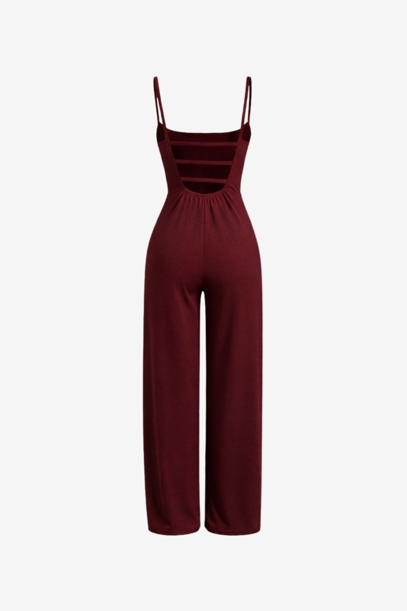 Back view flat lay of Fenlo Form wine red wide leg jumpsuit highlighting the statement multi-strap open back design.