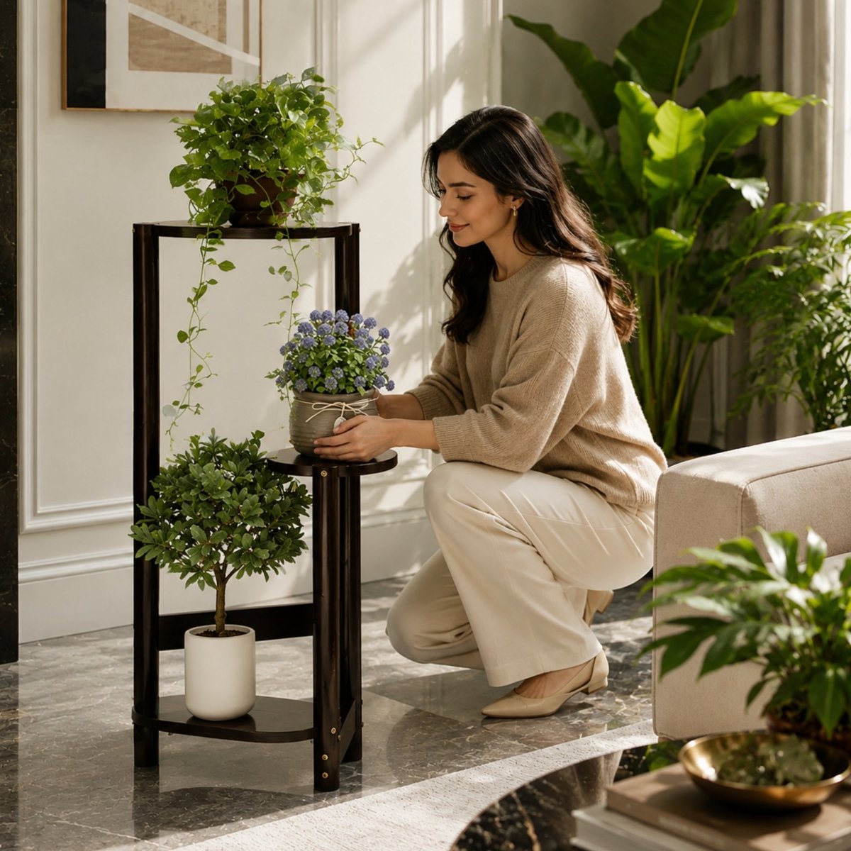 A woman elegantly styling a dark espresso 3-tier solid wood plant holder with vibrant blue flowers in a luxury modern home.
