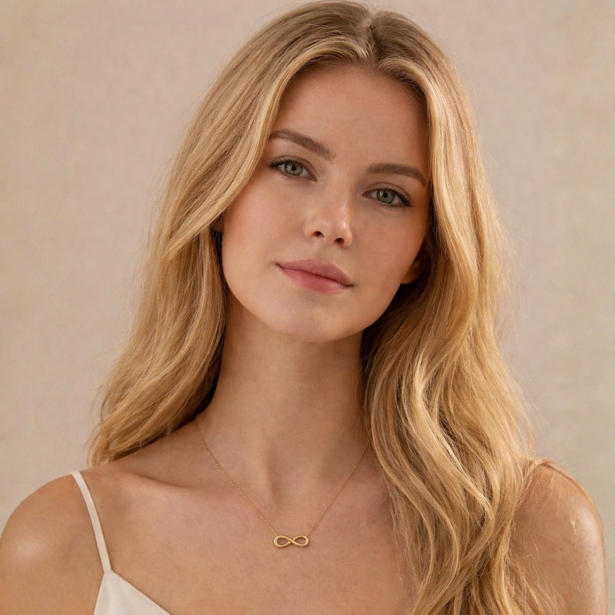 A blonde model wearing the elegant Kouvr gold infinity minimalist necklace with a white top.
