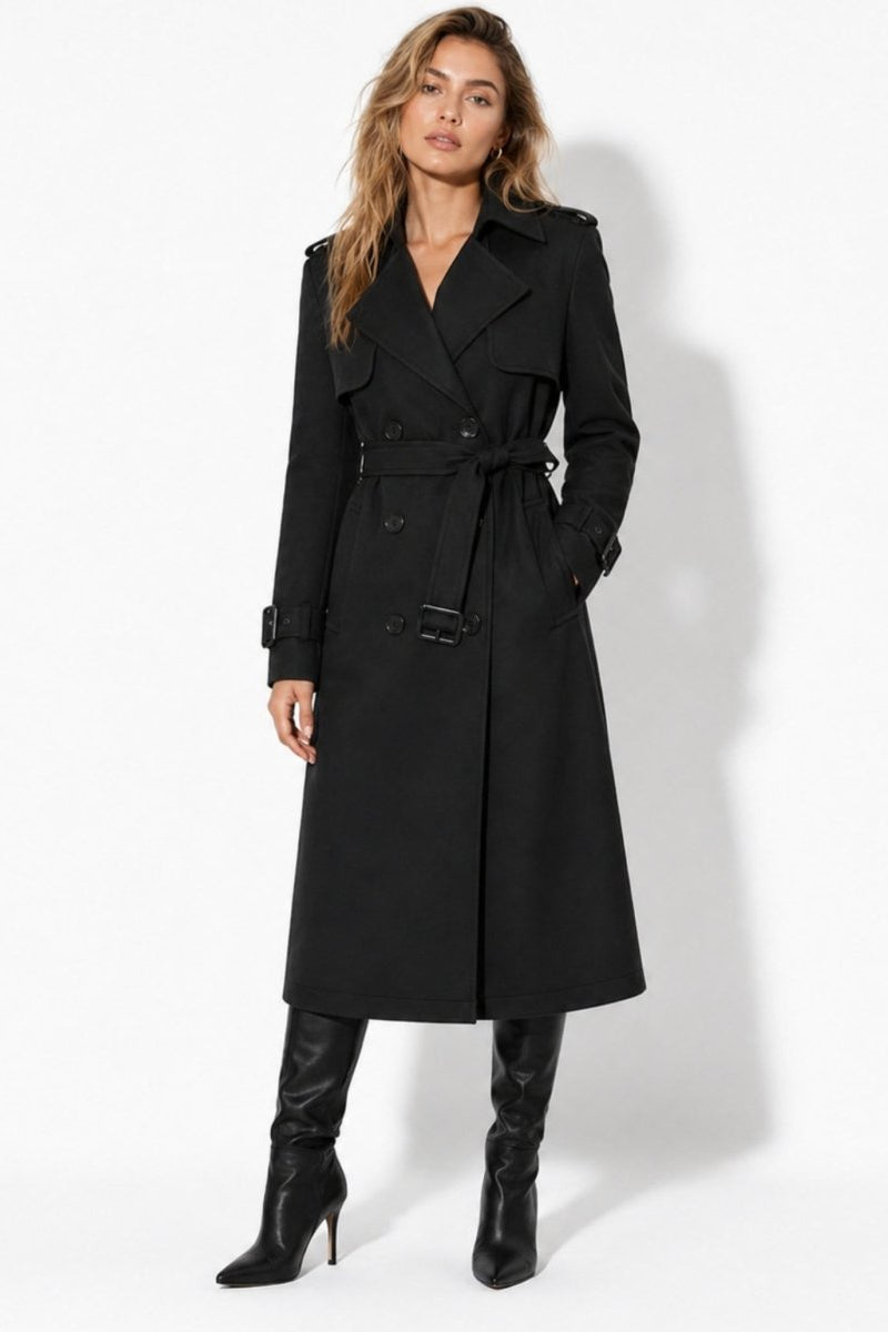 Women's classic black double breasted long trench coat front view tailored fit
Image 2 Nam