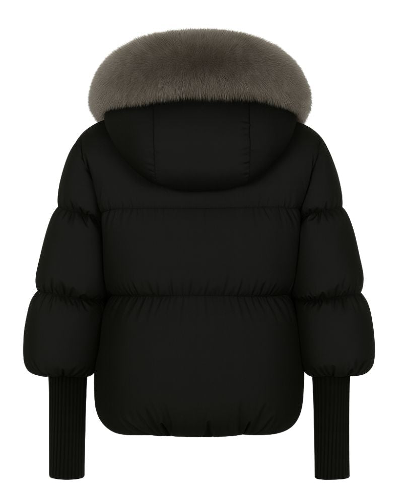 Black fenlo form puffer jacket with fur hood on a white background