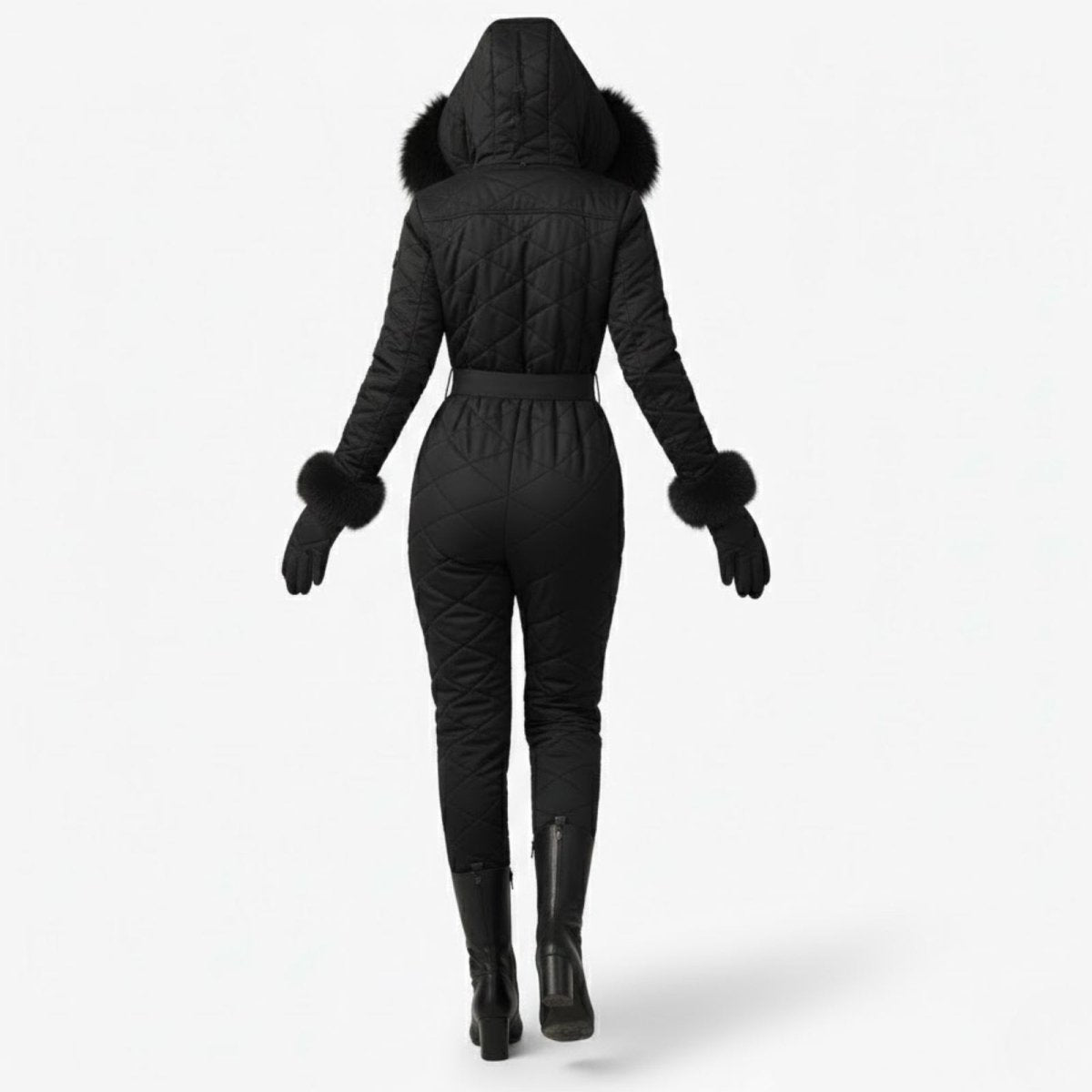 Back view of the black diamond-quilted snowsuit, highlighting the hooded design and belted waist.