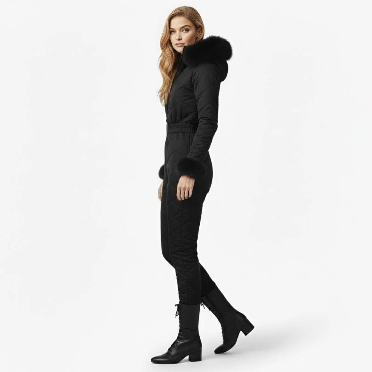 Side view of a woman walking in a black fitted ski jumpsuit, showcasing the slim silhouette and lace-up winter boots.
