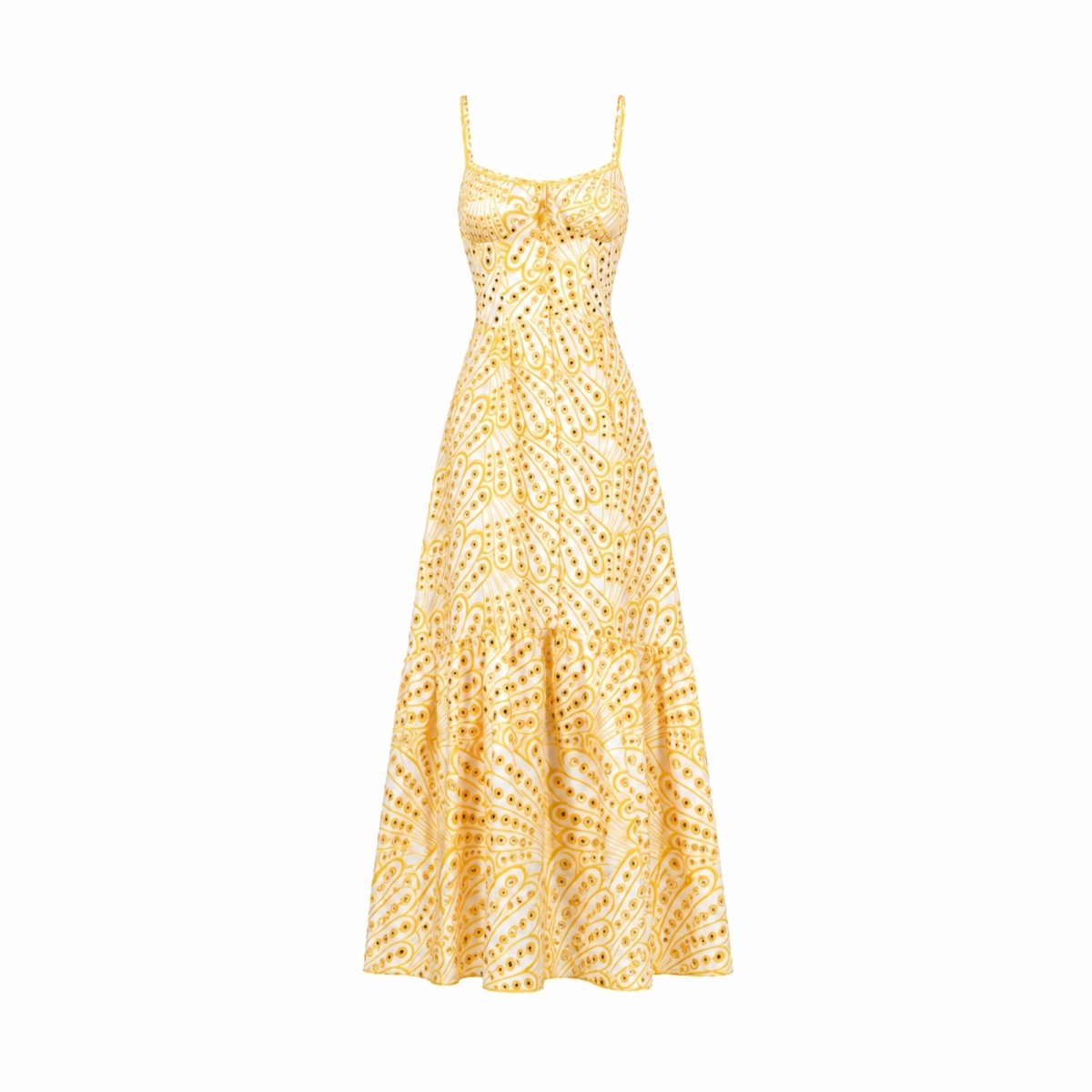 Close up detail of intricate broderie anglaise embroidery and scalloped trim on Kouvr affordable luxury summer dress