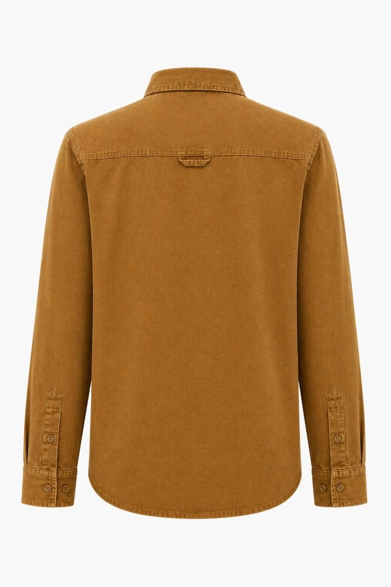 Ghost mannequin flat lay back view of the  Fenlo Form brown corduroy shirt displaying the back yoke and locker loop detail