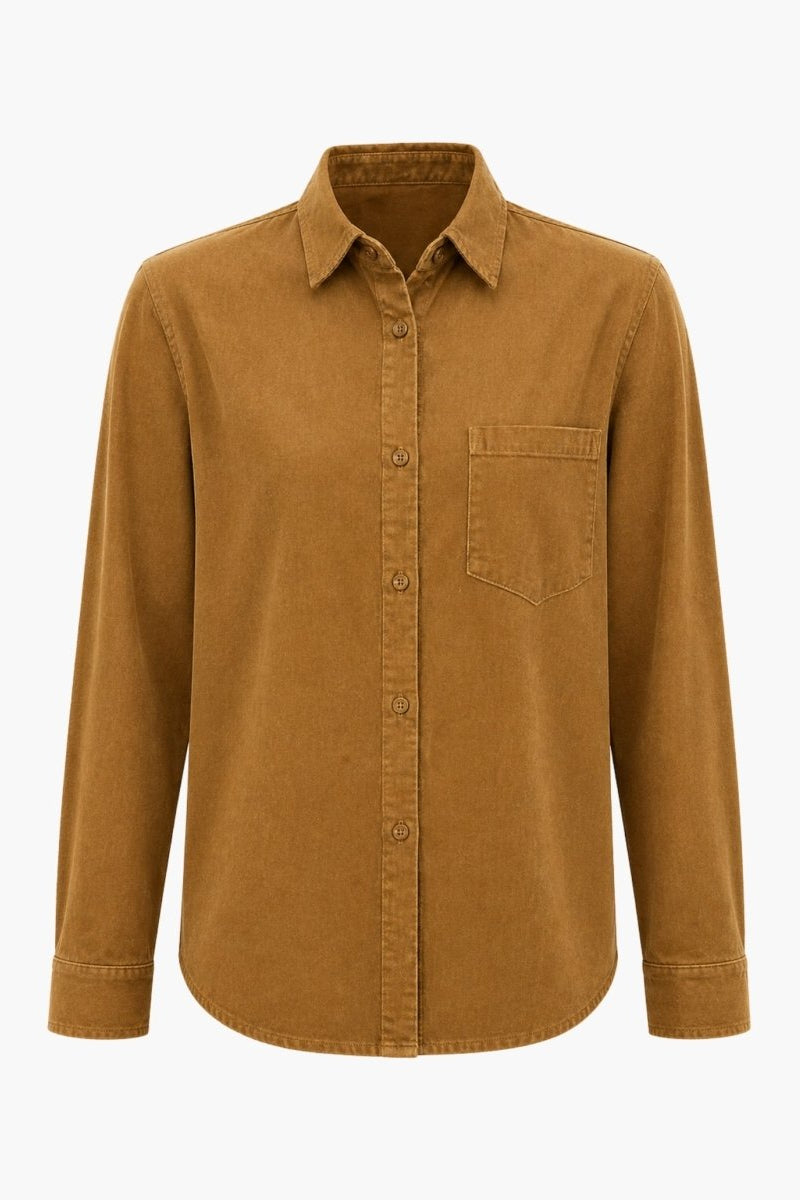 Ghost mannequin flat lay front view of the  Fenlo Form brown corduroy collared shirt highlighting the chest pocket