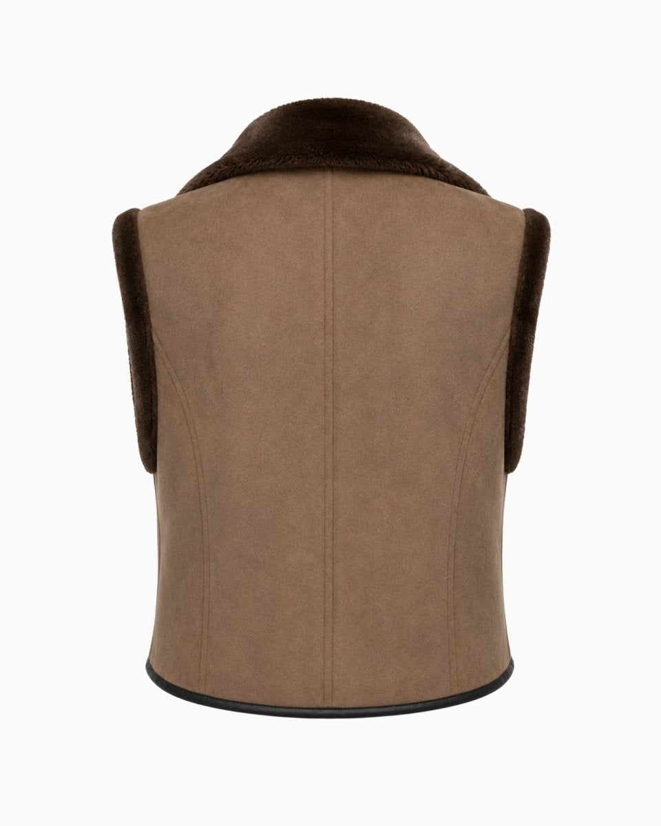 A brown shearling-lined sleeveless vest shown from the back, featuring a smooth suede-like back panel and dark brown fuzzy collar and side panels, set against a plain white background.