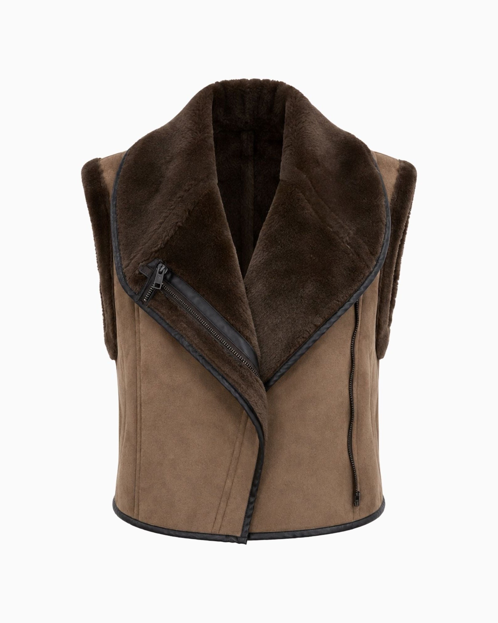 A brown faux-suede motorcycle-style vest with a plush dark brown shearling-style collar and black trim, shown against a plain white background.