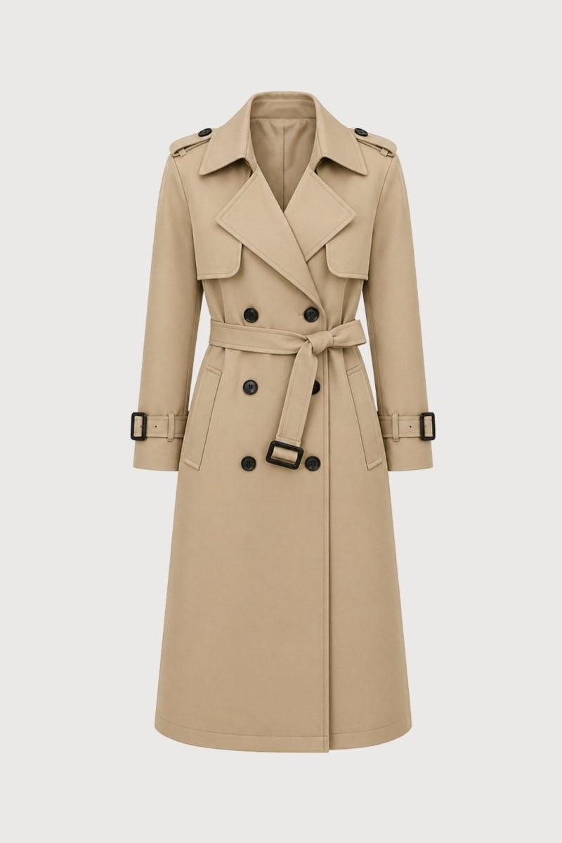 Flat lay product shot of the front of a women's khaki double-breasted trench coat with black buckle details