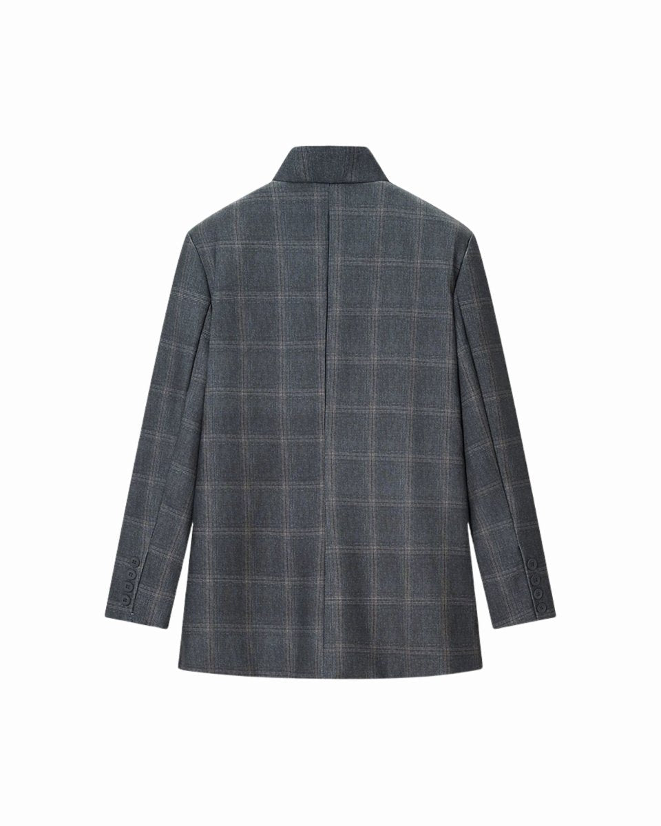 Ghost mannequin back flat lay of the grey tailored suit jacket showing structural back seams.