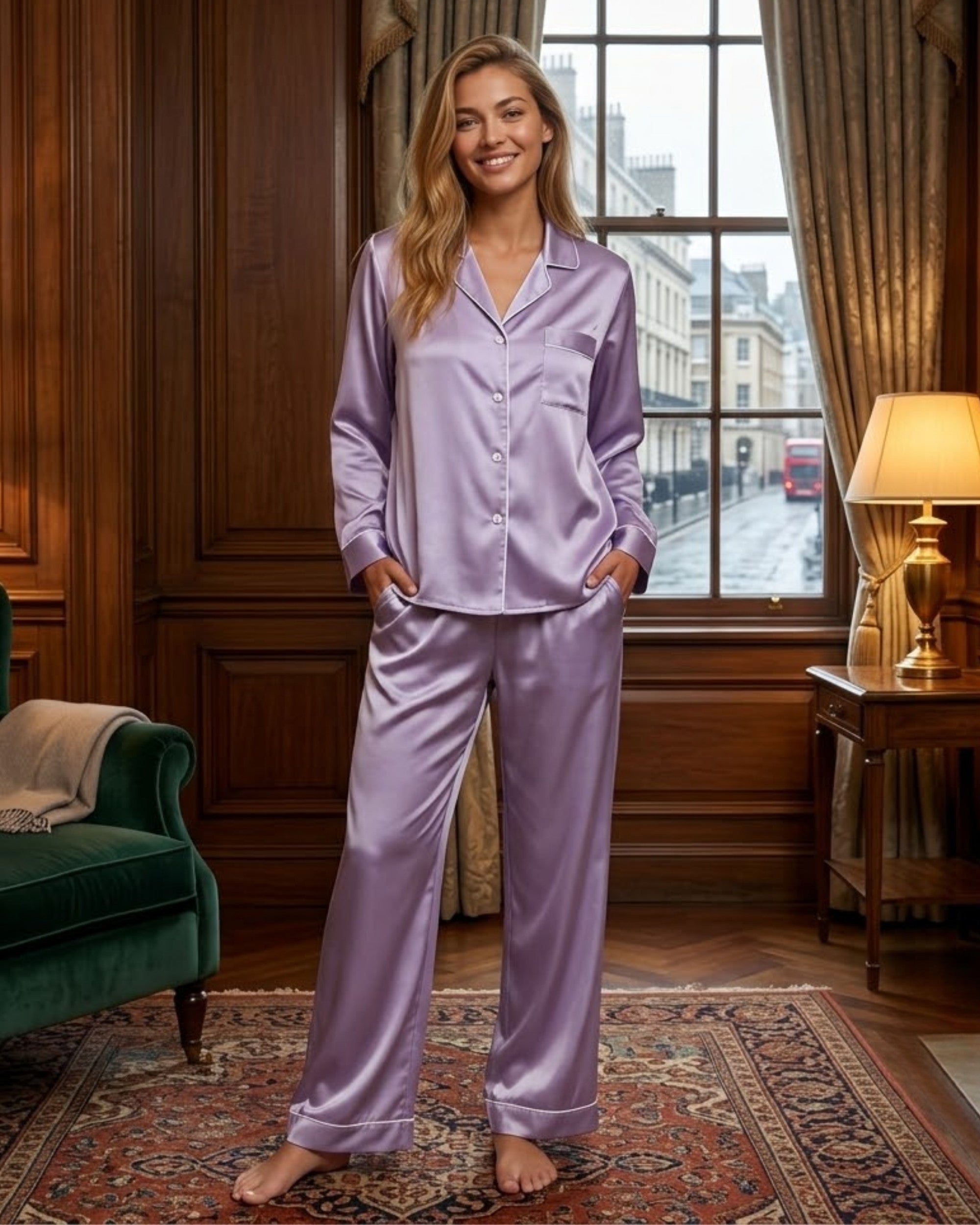 A woman modeling a lavender satin pajama set with a matching top and wide-leg pants, standing in a classic wood-paneled room with a window, lamp, and patterned rug.