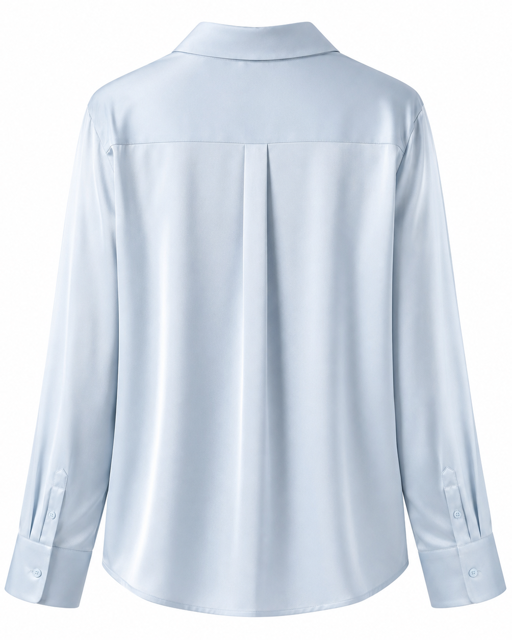 A light blue long-sleeve blouse shown from the back, featuring a collar, a central back pleat, and buttoned cuffs, displayed on a clean white background.
