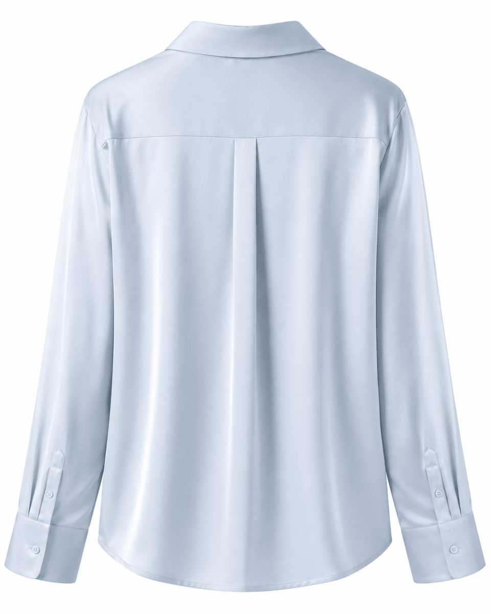 A light blue long-sleeve blouse shown from the back, featuring a collar, a central back pleat, and buttoned cuffs, displayed on a clean white background.