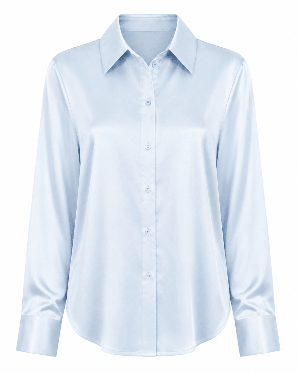 A light blue long-sleeve button-up shirt with a classic collar and cuffs, displayed on a clean white background.