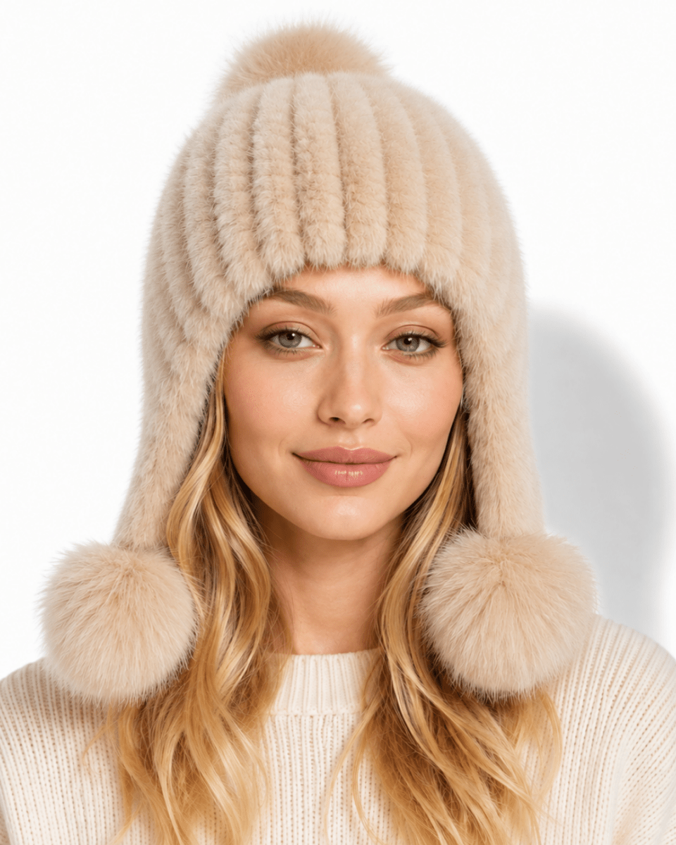A woman wearing a beige ribbed faux fur beanie with ear flaps and pom-poms, paired with a cream knit sweater against a white studio background.