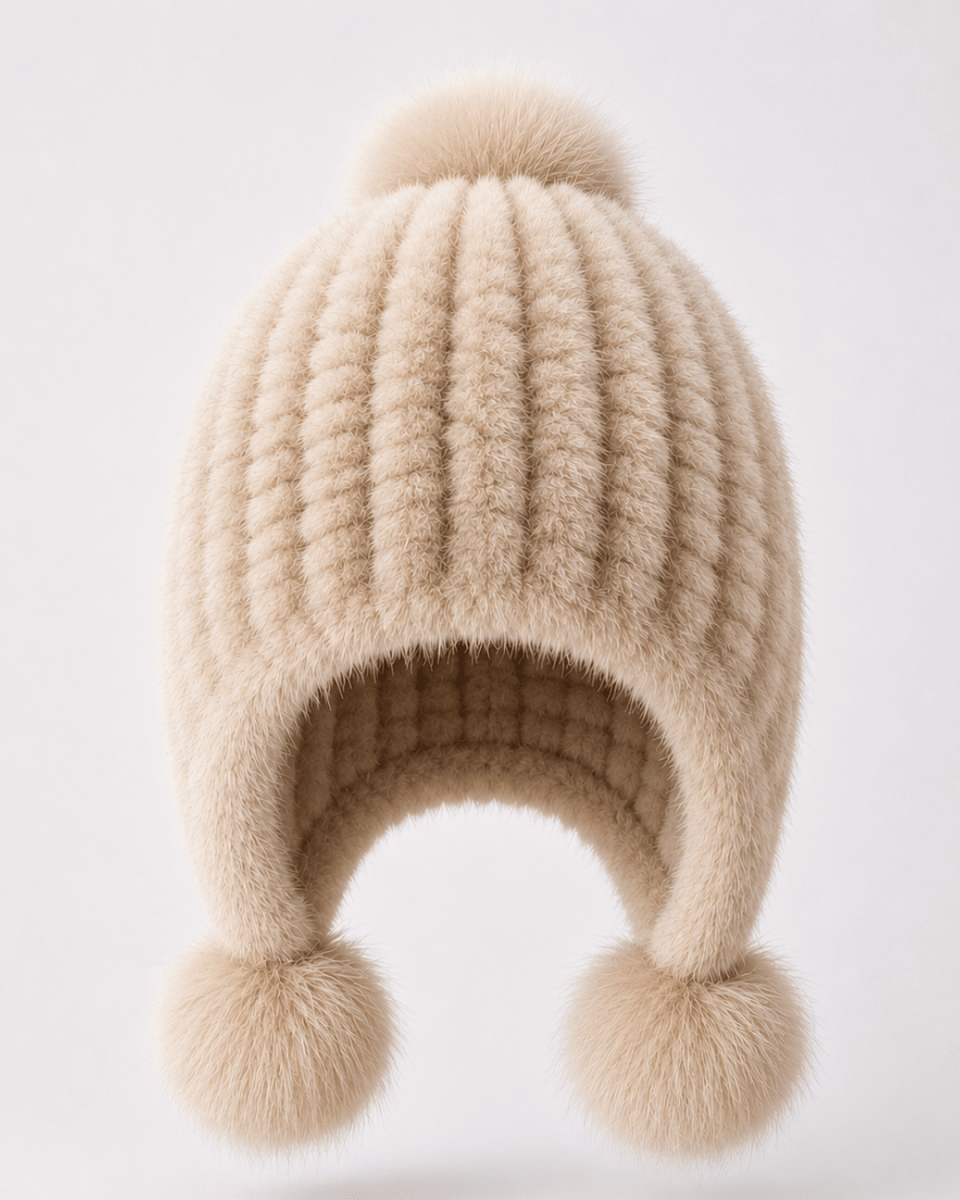 A beige faux fur beanie hat featuring a ribbed knit texture, a matching pom-pom on top, and two pom-poms hanging from the ear flaps, shown against a plain light gray background.
