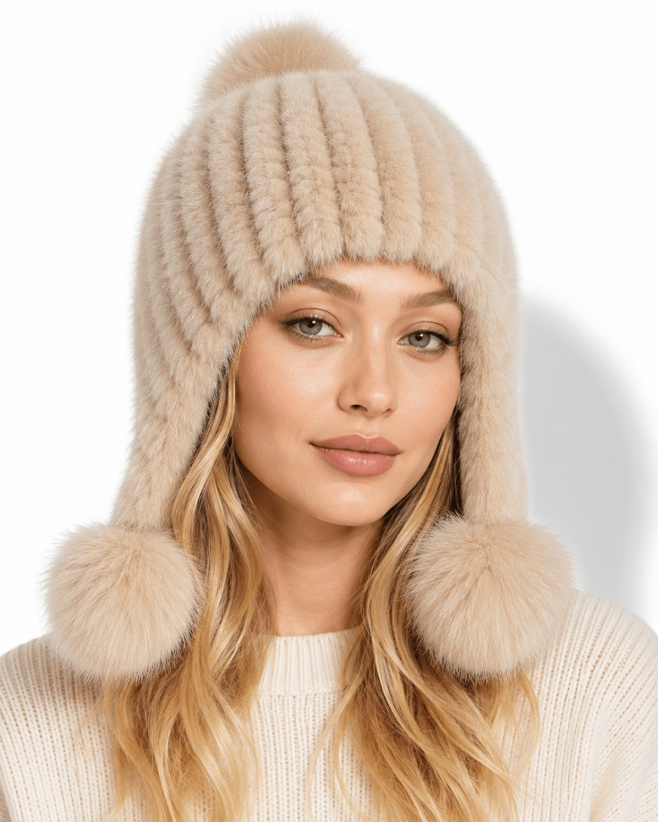 A woman wearing a beige faux fur beanie with ear flaps and pom-poms, paired with a cream ribbed knit sweater, against a clean white background.