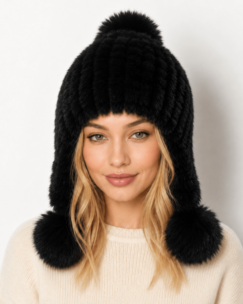 A woman wearing a black faux fur beanie hat with ear flaps and pom-poms, paired with a cream knit sweater, against a plain light background.