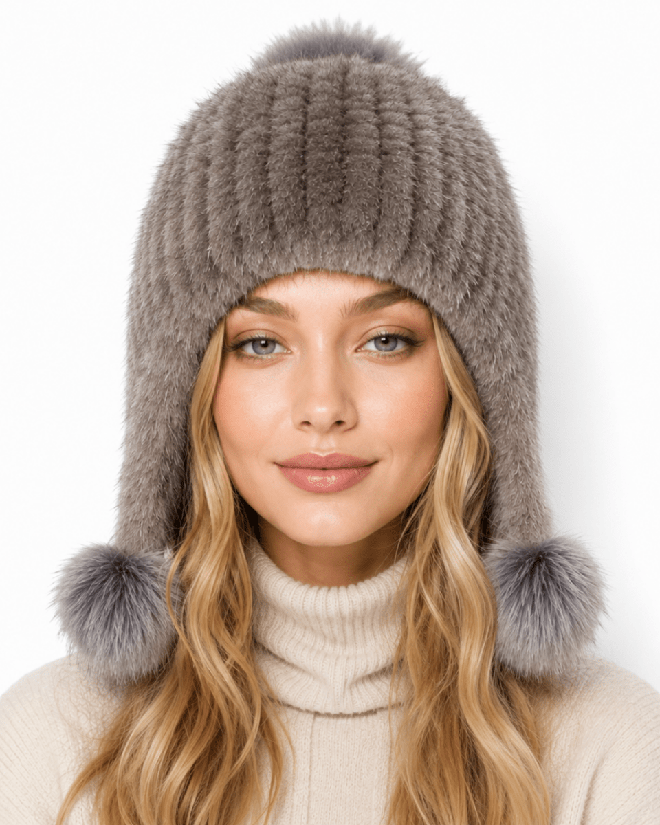 A woman wearing a ribbed gray faux fur beanie with matching pom-pom ear covers and a large pom-pom on top, paired with a cream turtleneck sweater against a plain white background.