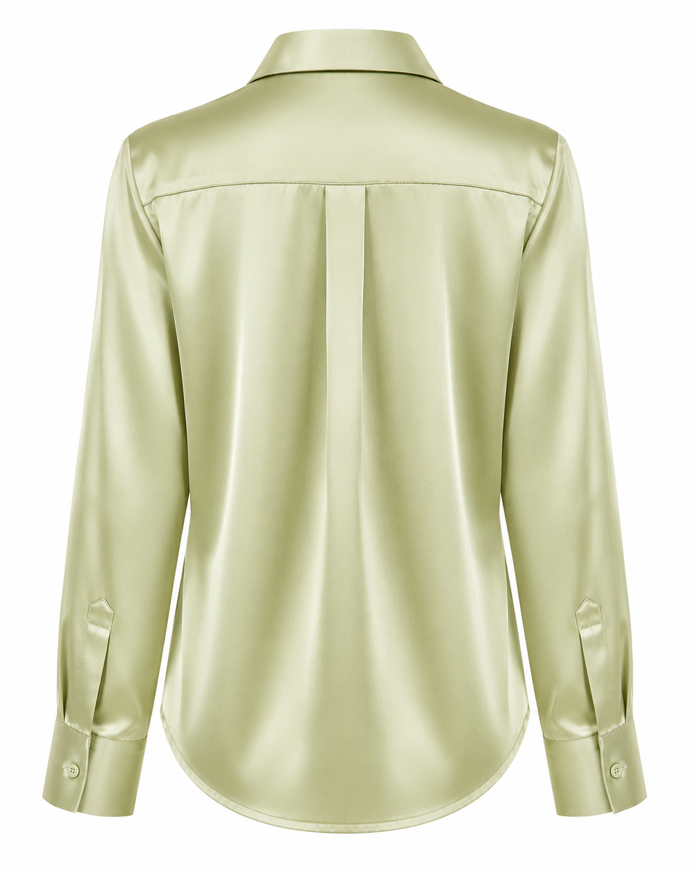 A pale yellow-green satin button-up shirt shown from the back, featuring a center back pleat and long sleeves with button cuffs, set against a plain white background.