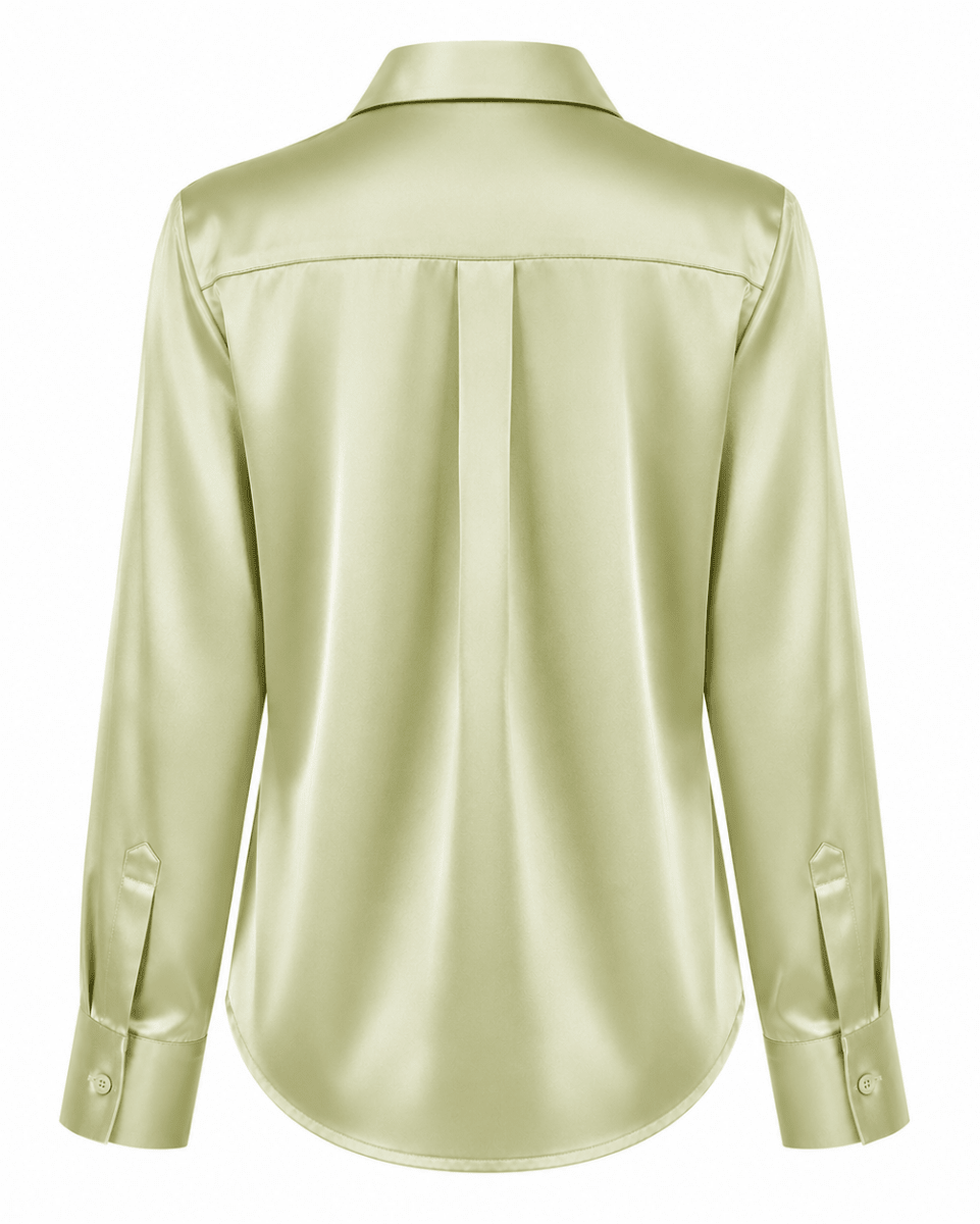 A pale yellow-green satin button-up shirt shown from the back, featuring a center back pleat and long sleeves with button cuffs, set against a plain white background.