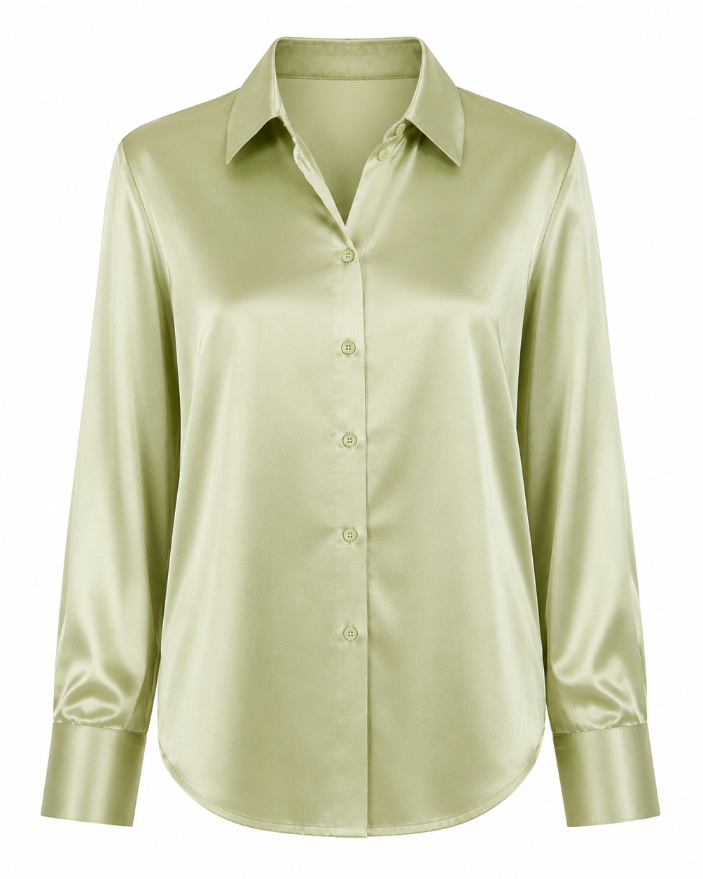 A light sage green satin button-down shirt with a pointed collar and long sleeves, shown on a plain white background.