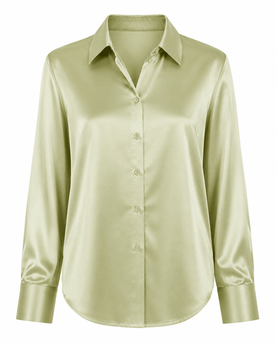 A light sage green satin button-down shirt with a pointed collar and long sleeves, shown on a plain white background.