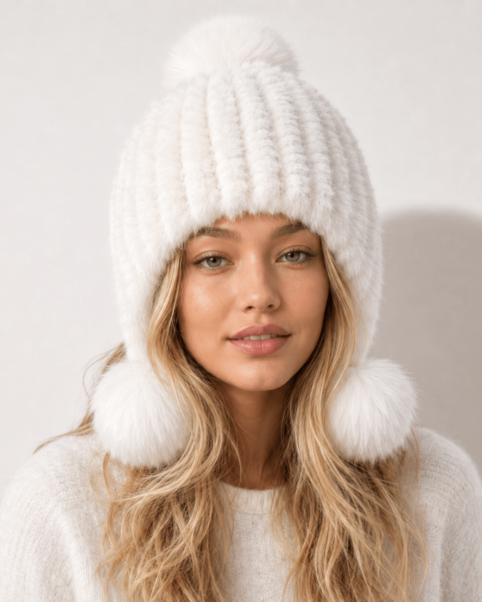 A woman wearing a white ribbed knit beanie with a large pom-pom on top and matching pom-pom ear flaps, photographed against a soft light gray background.