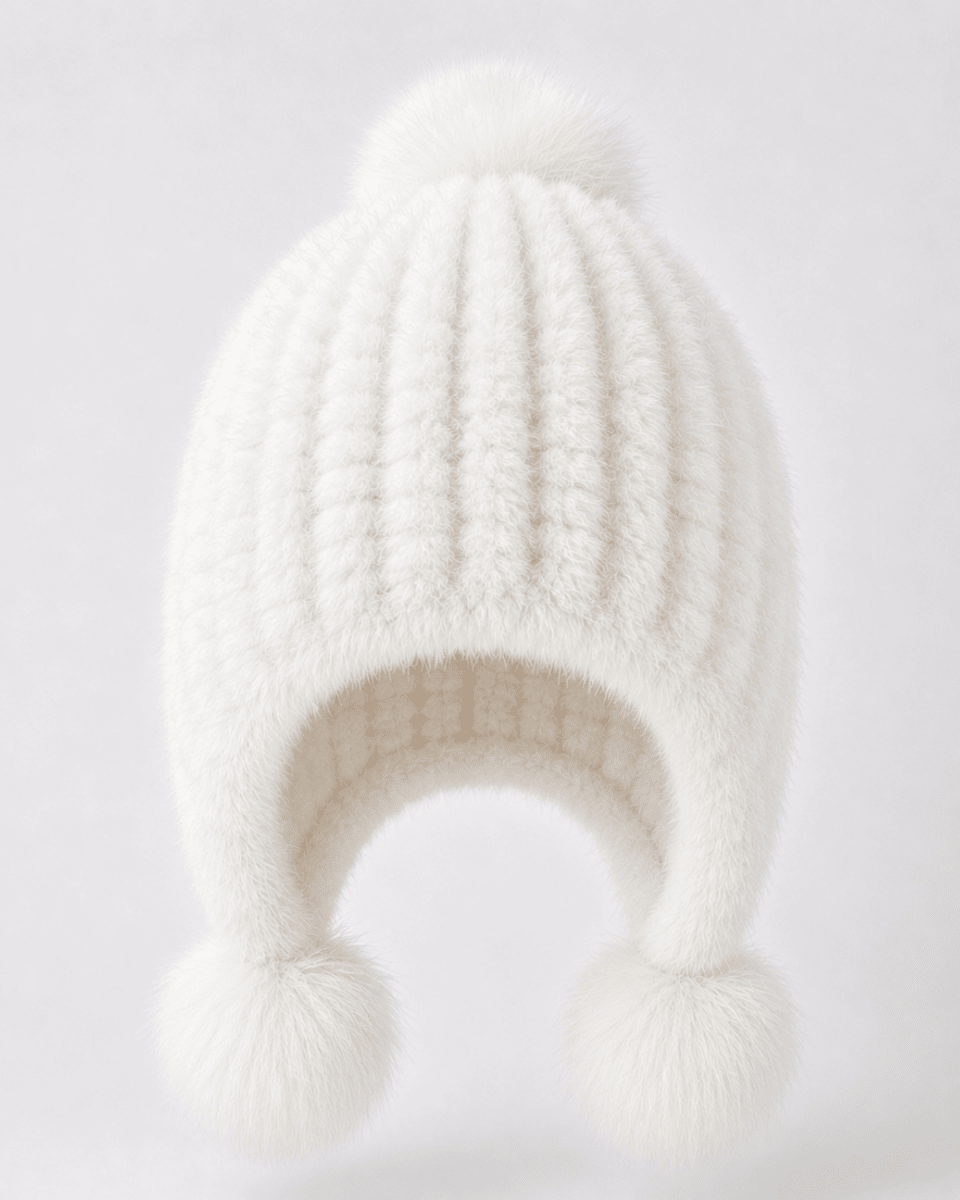 A white ribbed knit pom-pom beanie hat with ear flaps and fluffy pom-poms, shown against a light gray background.